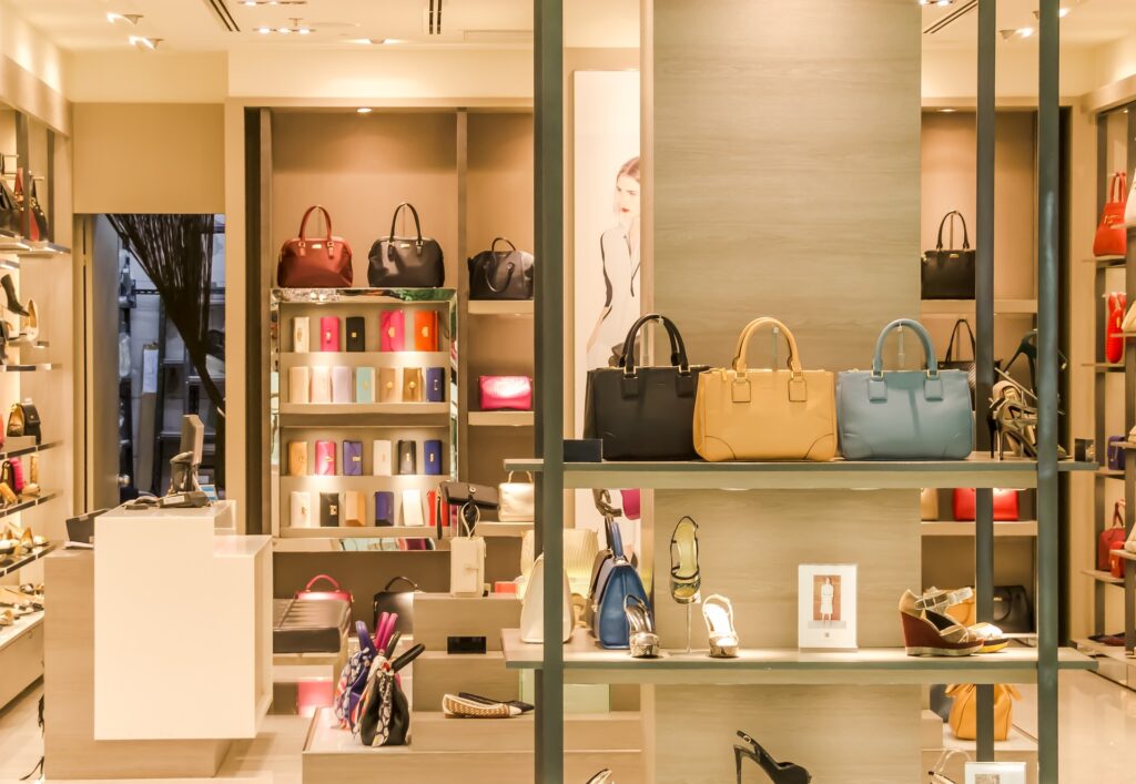 A shopping display with handbags