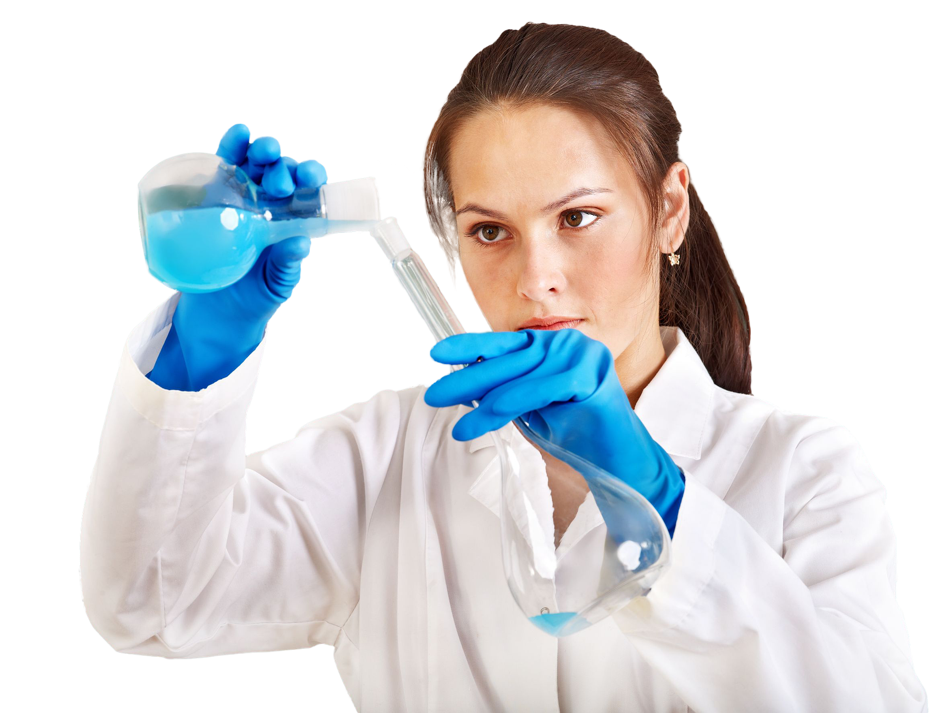 Woman with a brown ponytail in a lab coat pouring blue liquid from a beaker into a test tube.